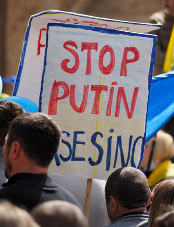 VALENCIA, SPAIN - MARCH 27, 2022: Protest against war in Ukraine. Protest against Russias invasion...