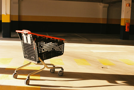 Modern shopping trolley with red handle and black walls in the parking zone of supermarketの写真素材
