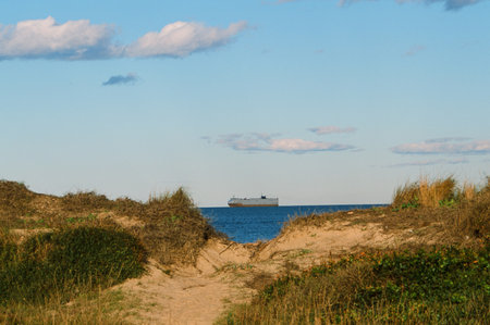 Scenic view of dunes coast with dry grass and sea under cloudy sky and a cargo ship in the middle of the frameの写真素材