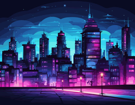 Digital art of a vibrant city at night, highlighting neon-lit buildings, starry skies, and pedestrians on a wide boulevardのイラスト素材