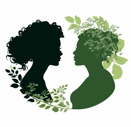 Silhouette of a girl and a woman with green leavesのイラスト素材