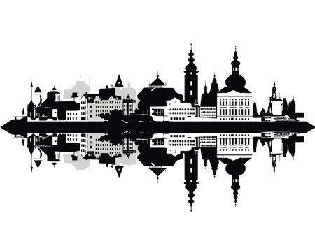 Silhouette of the city with reflection on a white backgroundのイラスト素材