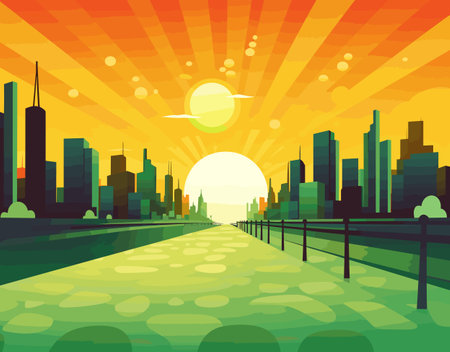 Illustration of a city during sunset, highlighting tall buildings and a verdant path amidst the urban environment, blending nature and city lifeのイラスト素材