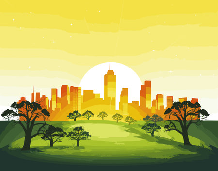 A stunning city skyline at sunrise, with a majestic silhouette emerging from a luminous background. Serene nature in the foreground, and a sky transitioning from night to day with streaks of light and stars.のイラスト素材