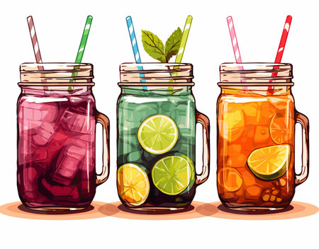Three jars with different refreshing beverages, adorned with lemon slices and accompanied by straws, stand on a flat surfaceのイラスト素材
