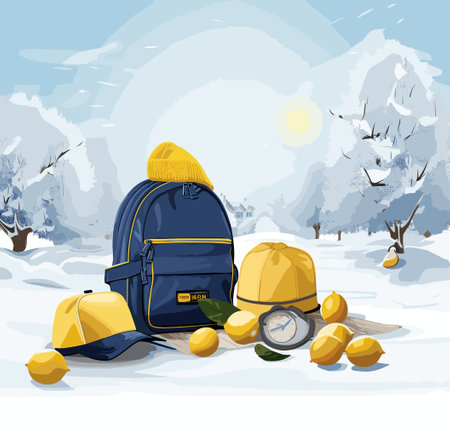 Vector illustration of a backpack, hat, compass and lemons in the winter forest.のイラスト素材