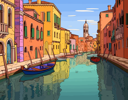 Venetian scene colorful buildings, calm canal, unique boats, bell tower, wispy sky. Reflection adds magic, creating parallel worlds.のイラスト素材