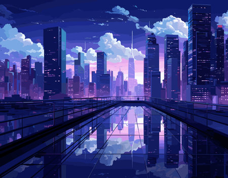 Digital illustration showcases a cityscape during twilight from an elevated walkway perspective, emphasizing skyscrapers, reflections, and cloudsのイラスト素材