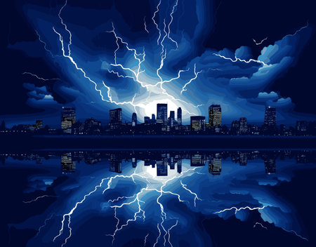 Thunderstorm over the city at night. Vector illustration.のイラスト素材