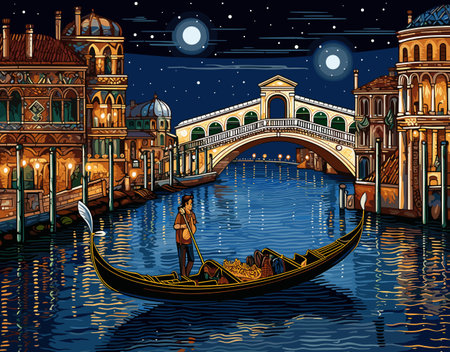 Illustration depicts a serene Venice night. A gondolier navigates the canal under a starry sky, passing illuminated buildings and a prominent bridgeのイラスト素材