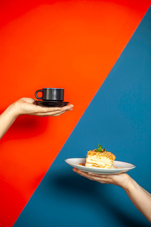 Two hands holding a cup of coffee and a delicious cake on a vibrant red and blue background. The...
