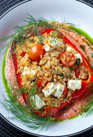 Delicious vegetarian dish featuring roasted red bell pepper stuffed with flavorful couscous, feta cheese, cherry tomatoes, zucchini, and fresh dill, drizzled with creamy sauceの写真素材