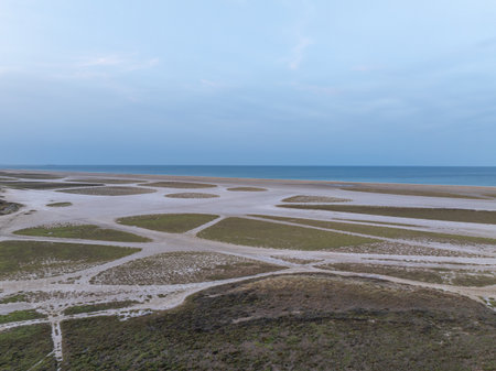 Aerial view of oyster parks showing geometric patterns on the beach of Leucate, in the Occitanie...