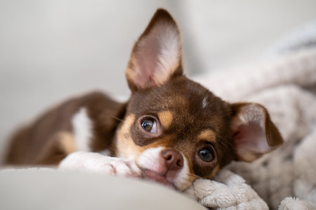 Small brown and white chihuahua puppy resting comfortably on a soft blanket, savoring warmth and tranquility in a cozy indoor environmentの写真素材