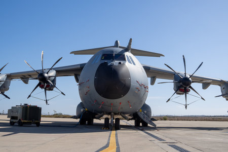 Close frontal perspective of a turboprop military transport aircraft with four propeller engines...