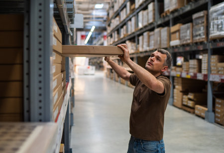 Man in casual clothes reaching for a box on a shelf in a warehouse aisle surrounded by cardboard...