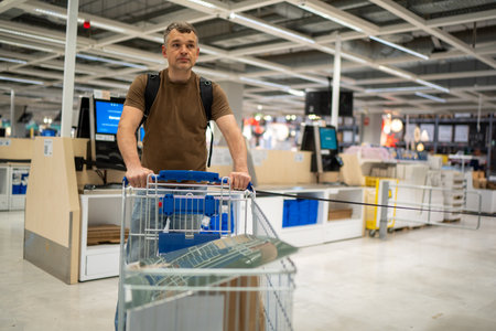 Man in brown shirt with backpack pushes a shopping cart in a large retail store aisle under bright...