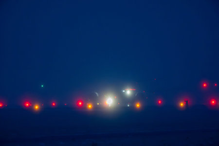 Colorful red and white runway lights guiding aircraft during low visibility night conditions at the airfieldの写真素材