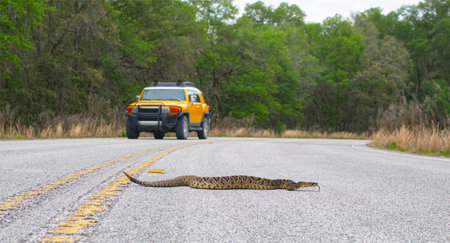 Beautiful rattlesnake crossing busy road with traffic on pavement or asphalt road.  Eastern Diamondback - adamanteus crotalus - long rattle and tongue outの写真素材