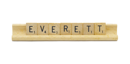 Miami, FL 4-18-24 popular baby boy first name of EVERETT made with square wooden tile English...