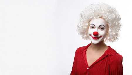 Clown, jester, joker, buffoon, fool, or harlequin is a person who performs physical comedy and arts in an open ended fashion, while wearing distinct makeup or costumes. Isolated on white backgroundの素材