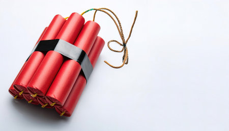 Dynamite is an explosive made of nitroglycerin, sorbents such as powdered shells or clay, and stabilizers in long red form of cardboard cylinders. Isolated on white background with copy spaceの素材