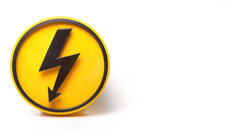 High voltage sign. Warning electricity symbol. Triangle or round circle with black lightning sign. Isolated on white background with copy space. Caution or danger or warning sign, electrical hazardの素材