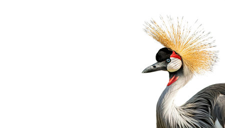 African grey crowned or great golden crested crane - Balearica regulorum - is found in nearly all of Africa, and it is the national bird of Uganda. Isolated on white background with copy spaceの素材