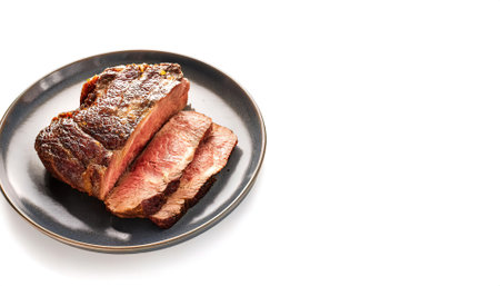 standing rib roast, also known as prime rib, is a cut of beef from the primal rib, as well as the outer, fat-marbled muscle - spinalis dorsi - known as the cap. isolated on white background copy spaceの素材