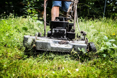Redneck cottage lawnmower pushes through thick grass and weeds.の写真素材
