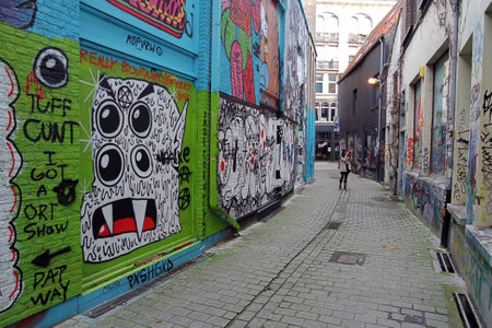 taking a picture of graffitiのeditorial素材