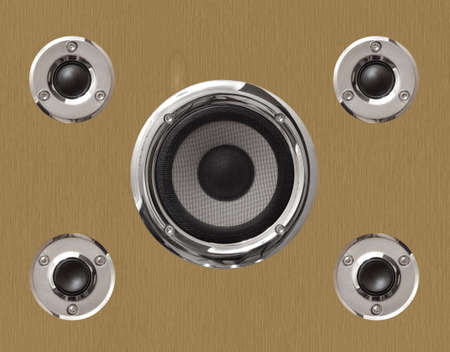 5 audio speakers on wooden backgroundの写真素材