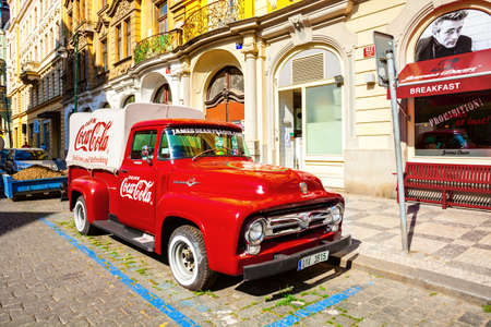 PRAGUE, CZECH REPUBLIC - JUNE 15, 2017: A retro pickup Ford F-100 (1956 model year), red Coca cola...