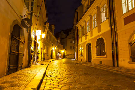 PRAGUE, CZECH REPUBLIC - JUNE 17, 2017:  Old and narrow streets of Prague at night, in Czech Republic on June 15, 2017のeditorial素材