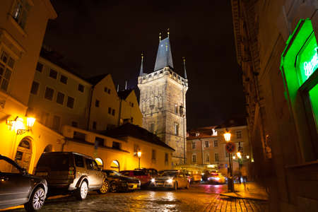 PRAGUE, CZECH REPUBLIC - JUNE 17, 2017:  Old streets of Prague at night near Charles bridge, in Czech Republic on June 17, 2017のeditorial素材