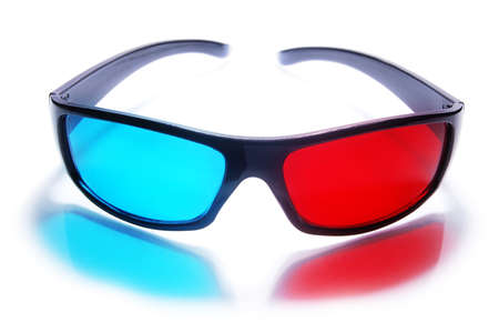3d stereo anaglyph plastic glasses on a white background. 3d glasses create a red-blue reflection.の写真素材