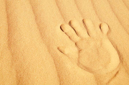 Trace of the hand on the golden sandの写真素材