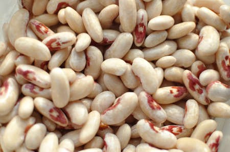 Scattered white motley haricot beans. Top view