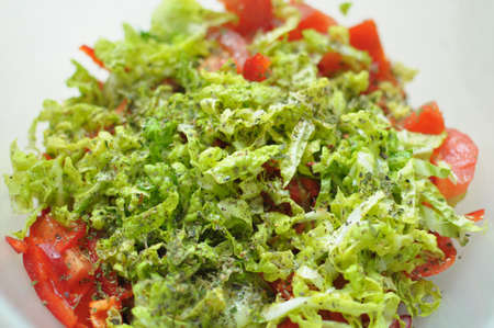 Spring vegan salad with tomato, cucumbers, radish and chinese cabbage in a bowl. Close up.の写真素材