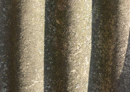 Sunlit lichen-covered old wavy slate background. Aged wavy slate with moss, lichen close-up textureの写真素材