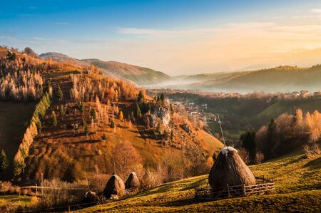 Romanian village landscape from Transylvania Romania, Autumn, November 2019  Bran, Brasovの写真素材