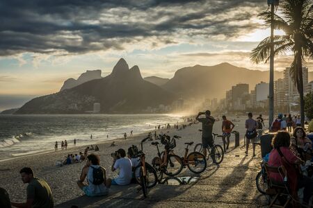 Ipanema Beach, Rio de Janeiro / Brasil - April 15 2019: Lifestyle at sunset on Ipanema Beach, Rio de Janeiro, Brasilのeditorial素材