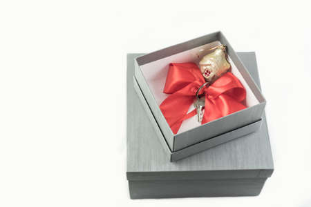 Real estate concept gift in a present box with a red ribbonの写真素材