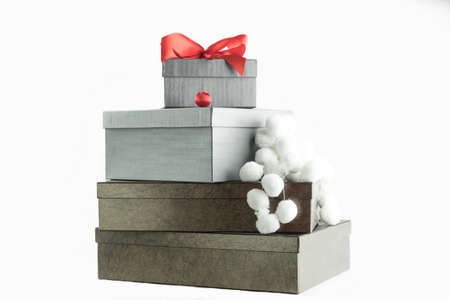 Grey and brown Presents for Christmas on White Backgroundの写真素材