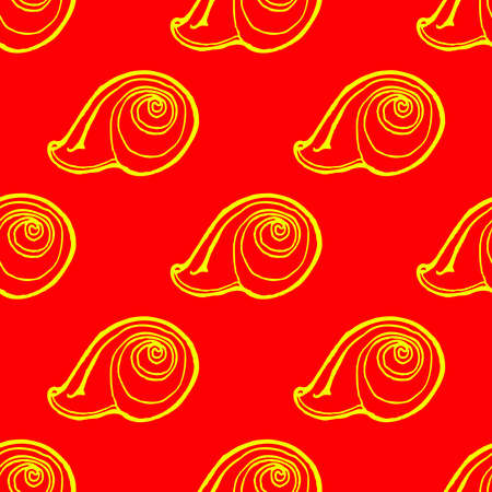 Doodles seashells background seamless pattern on red background.のイラスト素材