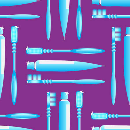 Toothbrush and toothpaste blue on the violet background seamless pattern.のイラスト素材
