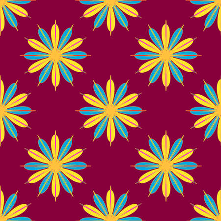 Geometric seamless pattern with fractal flower in yellow and blue colors on magenta red backgroundのイラスト素材