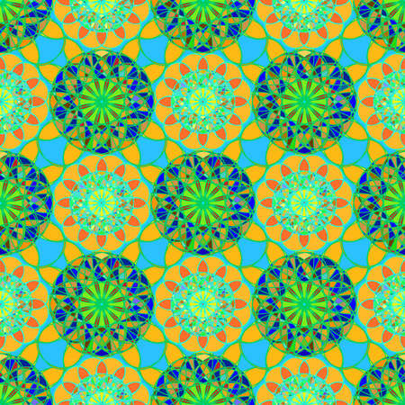 Abstract mandala seamless pattern in green and orange colors.のイラスト素材