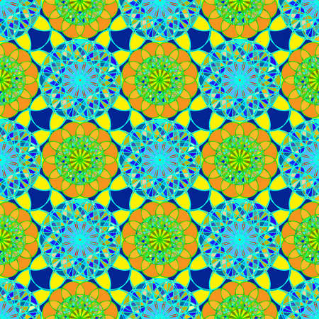 Beautiful new coloful stained glass kaleidoscope on a background of leaves seamless pattern for new design.のイラスト素材