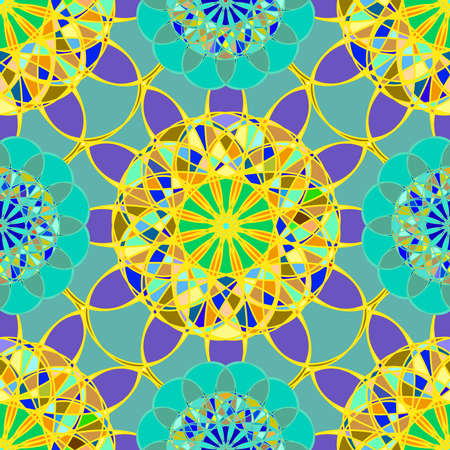 Yellow fractal diamond on a background of blue leaves seamless pattern.のイラスト素材